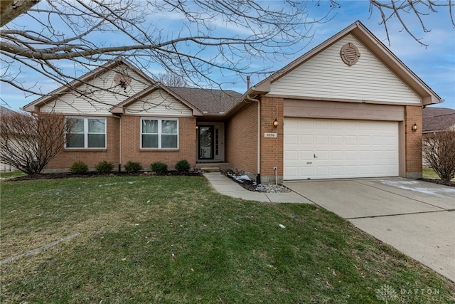 ranch-style home with a garage, concrete driveway, brick siding, and a front lawn