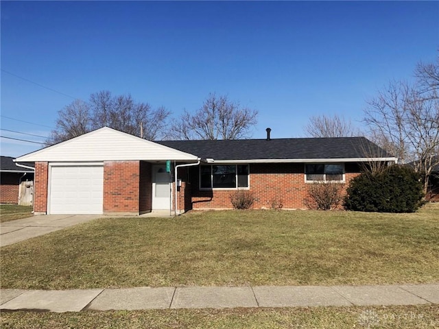 ranch-style home featuring driveway, brick siding, a garage, and a front lawn