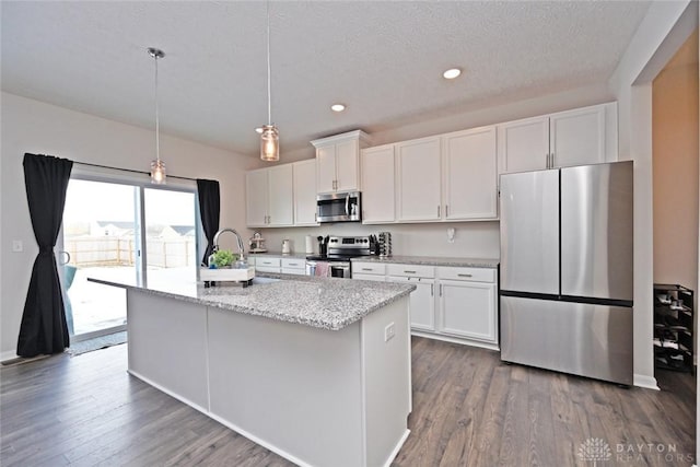 kitchen with white cabinets, dark wood-style floors, and stainless steel appliances