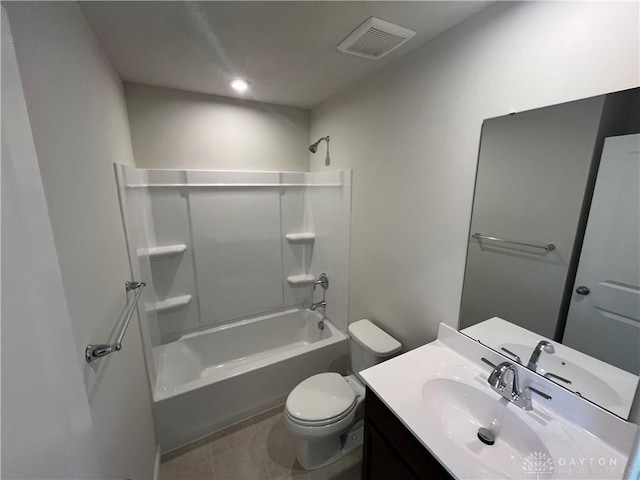 full bathroom featuring visible vents, toilet, vanity, tile patterned flooring, and shower / bathtub combination