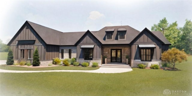 view of front of house with stone siding, french doors, board and batten siding, and a front yard