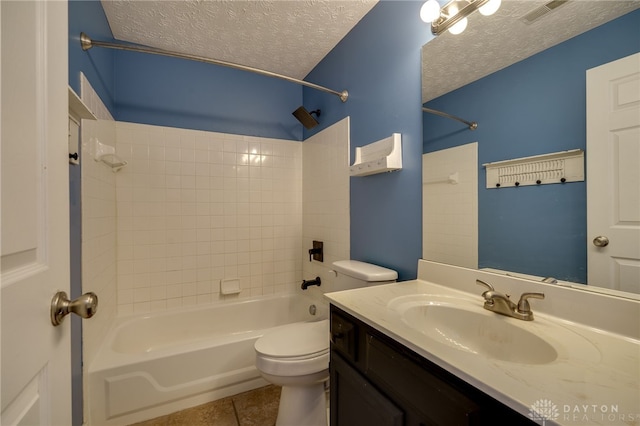 bathroom featuring visible vents, shower / bathing tub combination, a textured ceiling, and toilet