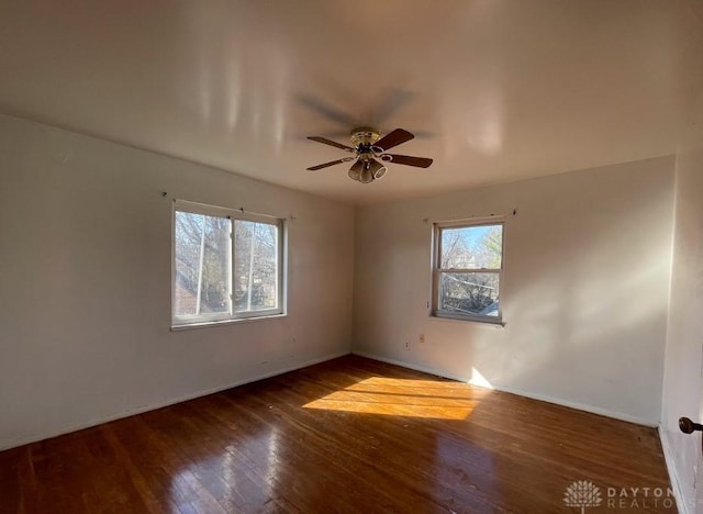 spare room featuring wood-type flooring and a ceiling fan