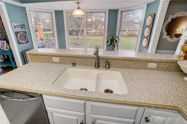 kitchen featuring stainless steel dishwasher, a healthy amount of sunlight, a sink, and white cabinets