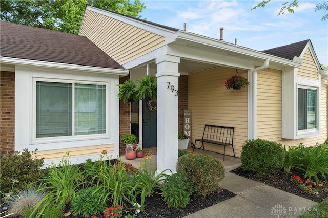 entrance to property with a shingled roof, covered porch, and brick siding