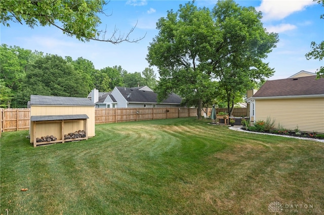 view of yard with a fenced backyard and an outdoor structure