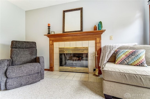 living area featuring a fireplace