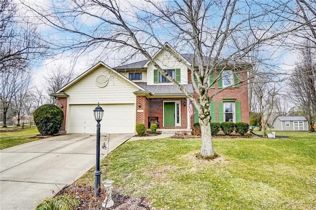 view of front of home with an outbuilding, an attached garage, brick siding, driveway, and a front yard