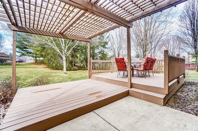 wooden deck with a lawn and a pergola