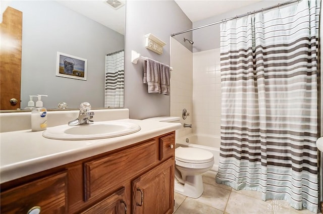 full bathroom with shower / bath combo, visible vents, toilet, tile patterned flooring, and vanity