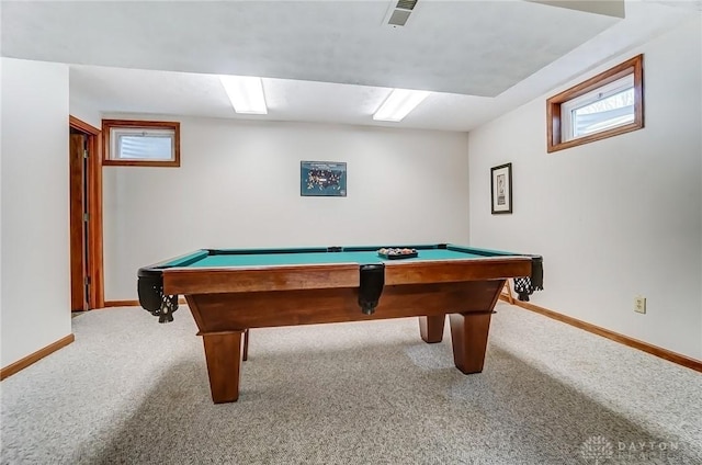 game room featuring baseboards, carpet flooring, and pool table