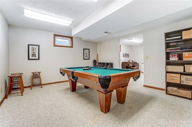 game room with carpet floors, pool table, visible vents, and baseboards