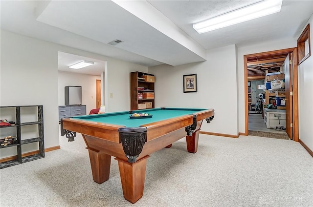 rec room with carpet, billiards, baseboards, and visible vents