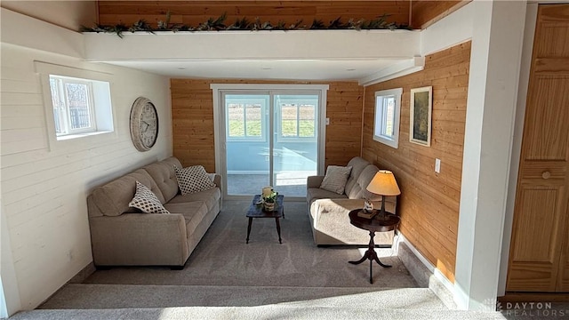 living area featuring carpet floors and wood walls