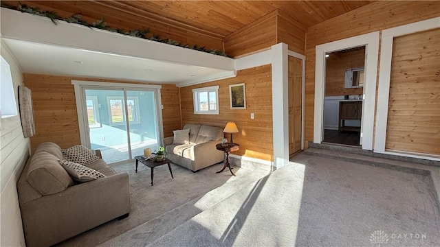 living area featuring carpet, wooden ceiling, wood walls, and lofted ceiling