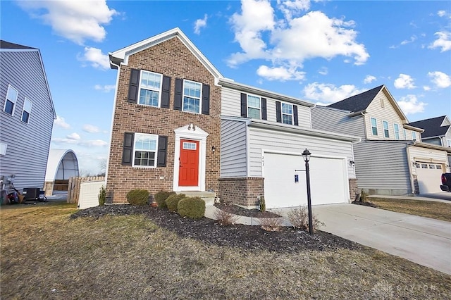 view of front of home featuring central AC, brick siding, concrete driveway, and fence