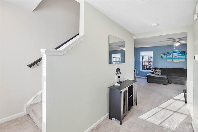 stairs featuring carpet flooring, a ceiling fan, and baseboards