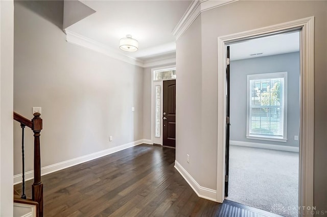 121 Lowe Ln, Dayton, OH 45402 - interior space featuring dark wood-type flooring, crown molding, baseboards, and stairs