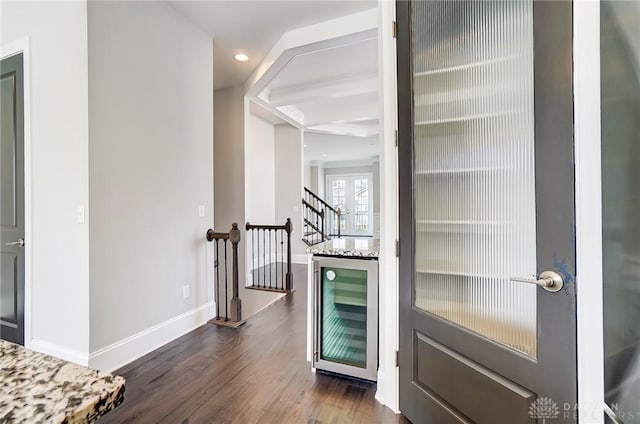 121 Lowe Ln, Dayton, OH 45402 - interior space with baseboards, wine cooler, stairway, dark wood-type flooring, and recessed lighting