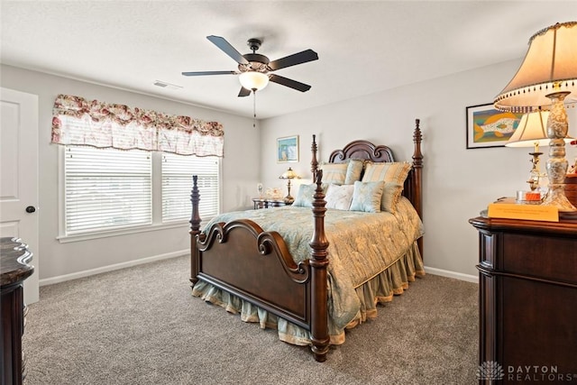 bedroom with carpet, visible vents, baseboards, and ceiling fan