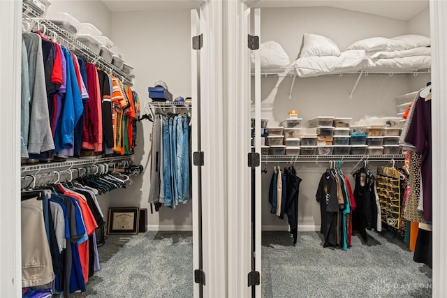 walk in closet with lofted ceiling and carpet floors