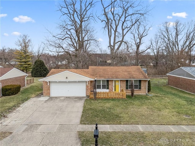 ranch-style house with driveway, brick siding, a front yard, and fence