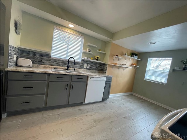 50 Woodcrest Ave, Dayton, OH 45405 - kitchen featuring dishwasher, gray cabinets, a sink, and open shelves