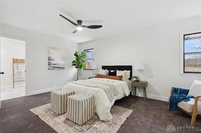 bedroom featuring carpet, baseboards, and ceiling fan