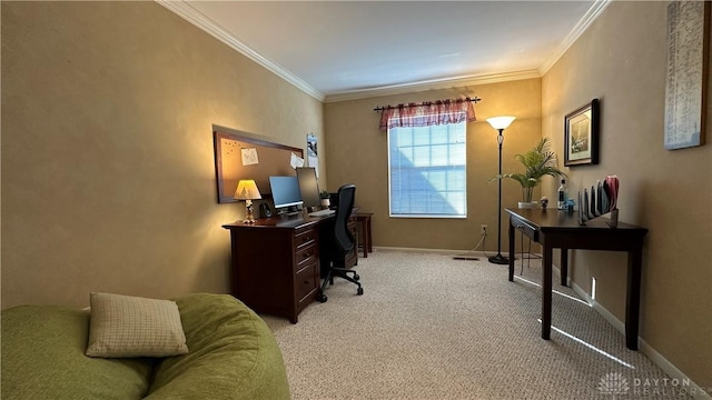 office area featuring baseboards, light colored carpet, and ornamental molding