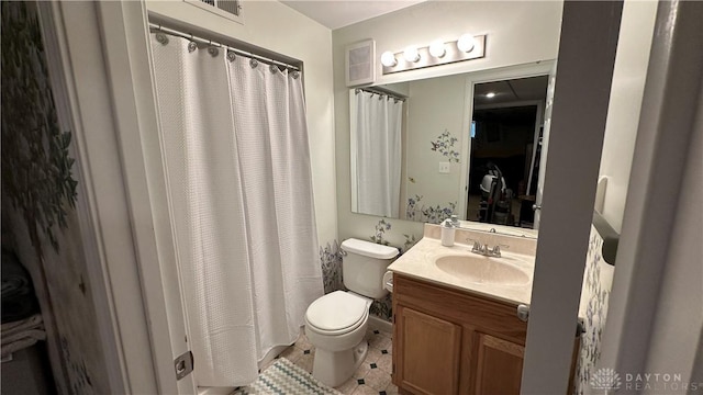 full bath featuring visible vents, toilet, curtained shower, tile patterned flooring, and vanity