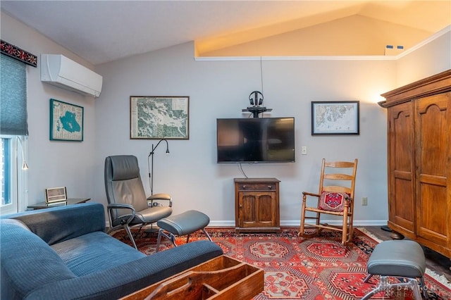 living area featuring lofted ceiling, a wall mounted AC, and baseboards