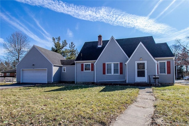 view of front facade featuring a garage, a front yard, and a chimney