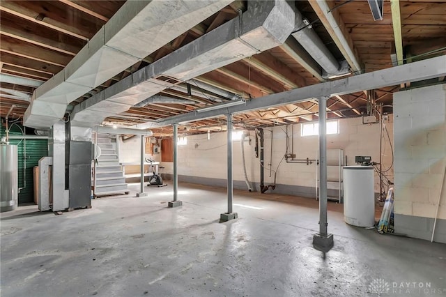 543 W Market St, Germantown, OH 45327 - basement featuring a water softener, water heater, and stairs