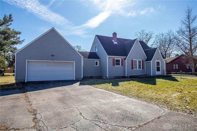 543 W Market St, Germantown, OH 45327 - view of front of house featuring a chimney, driveway, a front lawn, an attached garage, and roof with shingles