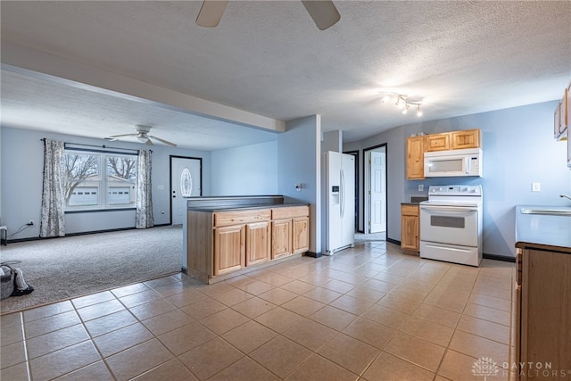 kitchen featuring white appliances, light tile patterned floors, ceiling fan, light carpet, and open floor plan