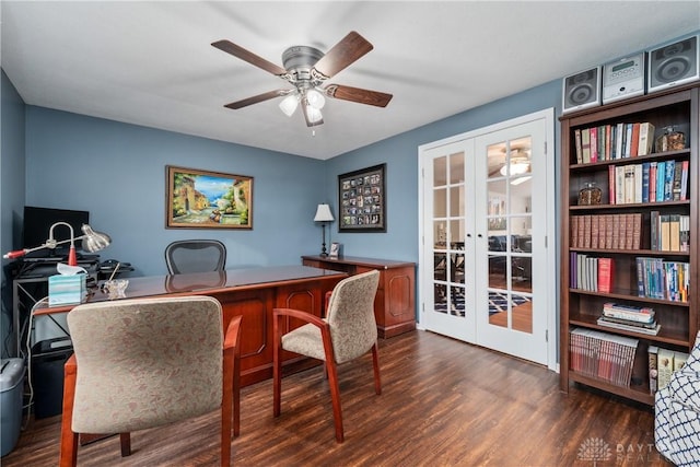 home office with french doors, dark wood finished floors, and ceiling fan