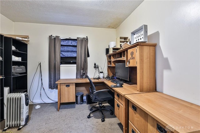 office space featuring light colored carpet and a textured ceiling