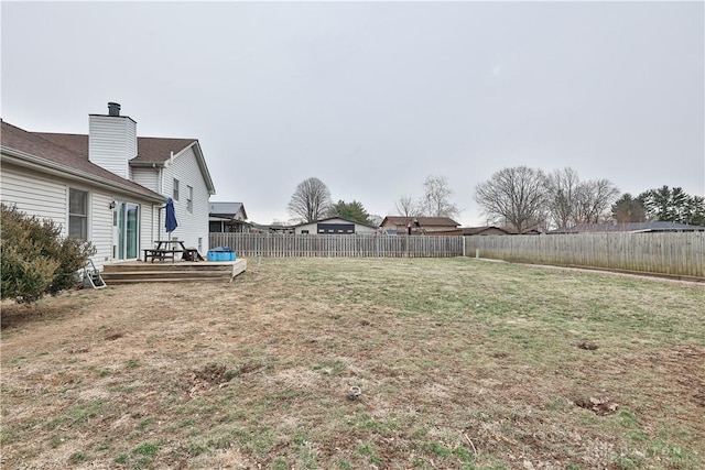 view of yard featuring a fenced backyard and a wooden deck