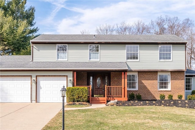 traditional-style house with brick siding, a porch, a shingled roof, driveway, and a front lawn