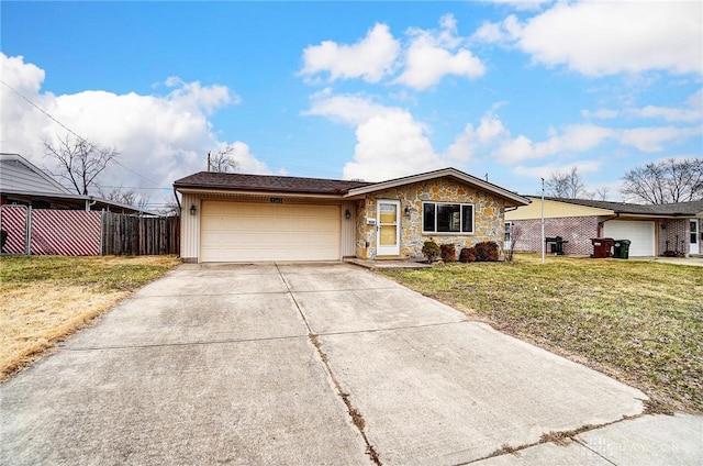 ranch-style house with a garage, concrete driveway, stone siding, fence, and a front lawn