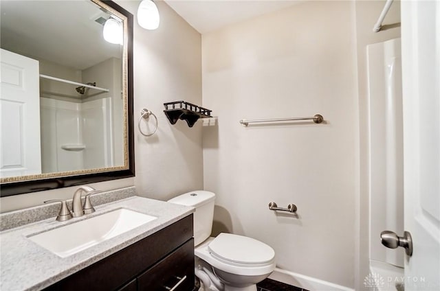 full bath with toilet, walk in shower, and vanity