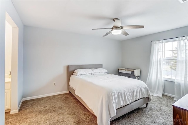 bedroom featuring light carpet, ceiling fan, and baseboards