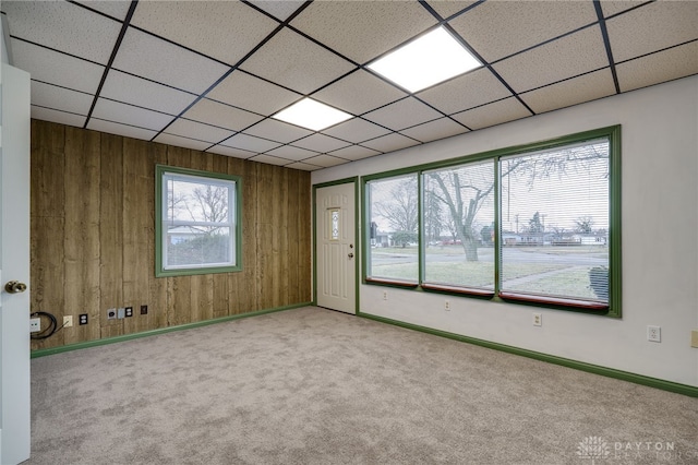 empty room with carpet, a healthy amount of sunlight, and wooden walls