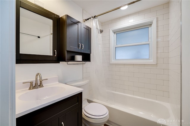 full bathroom with shower / bathtub combination with curtain, toilet, and vanity