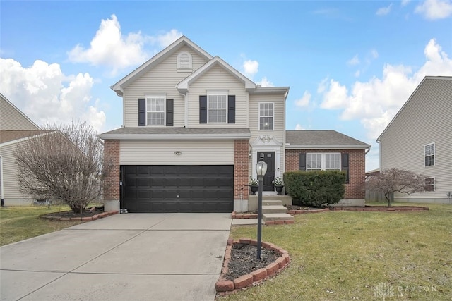 traditional-style home with a garage, a front yard, concrete driveway, and brick siding