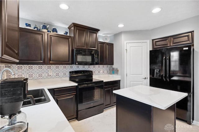 kitchen with decorative backsplash, marble finish floor, light countertops, dark brown cabinets, and black appliances