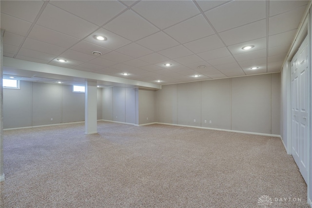 basement with carpet floors and recessed lighting