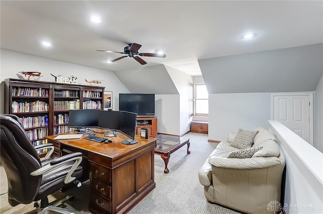 home office featuring vaulted ceiling, carpet floors, a ceiling fan, and recessed lighting