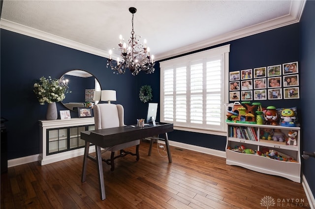 office area with wood-type flooring, ornamental molding, and baseboards