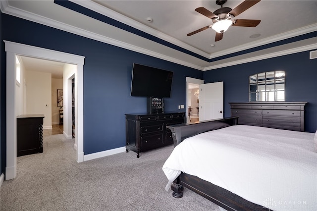 bedroom with light carpet, baseboards, visible vents, and crown molding